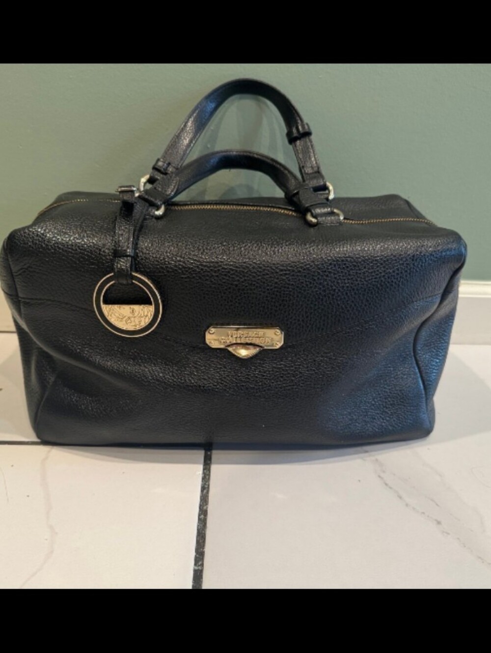 Versace Collection Shoulder Bag. Black Leather Satchel with Gold Hardware